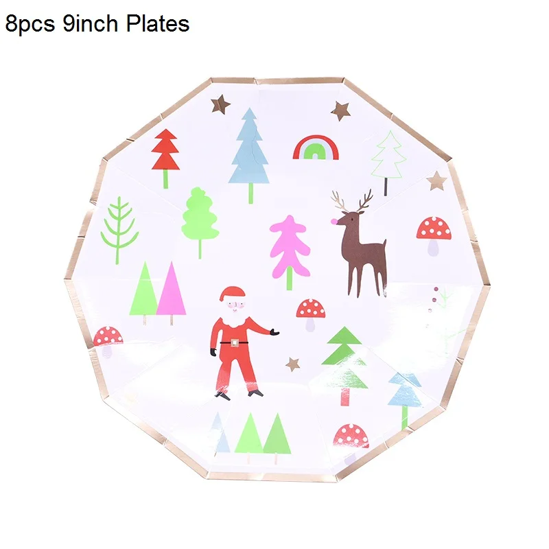 8pcs 9inch Plates Рождественская вечеринка Декор одноразовые столовые приборы бумажные тарелки и стаканы соломинки Баннер Дети День рождения Рождество детский душ Декор - Цвет: 8pcs 9inch Plates