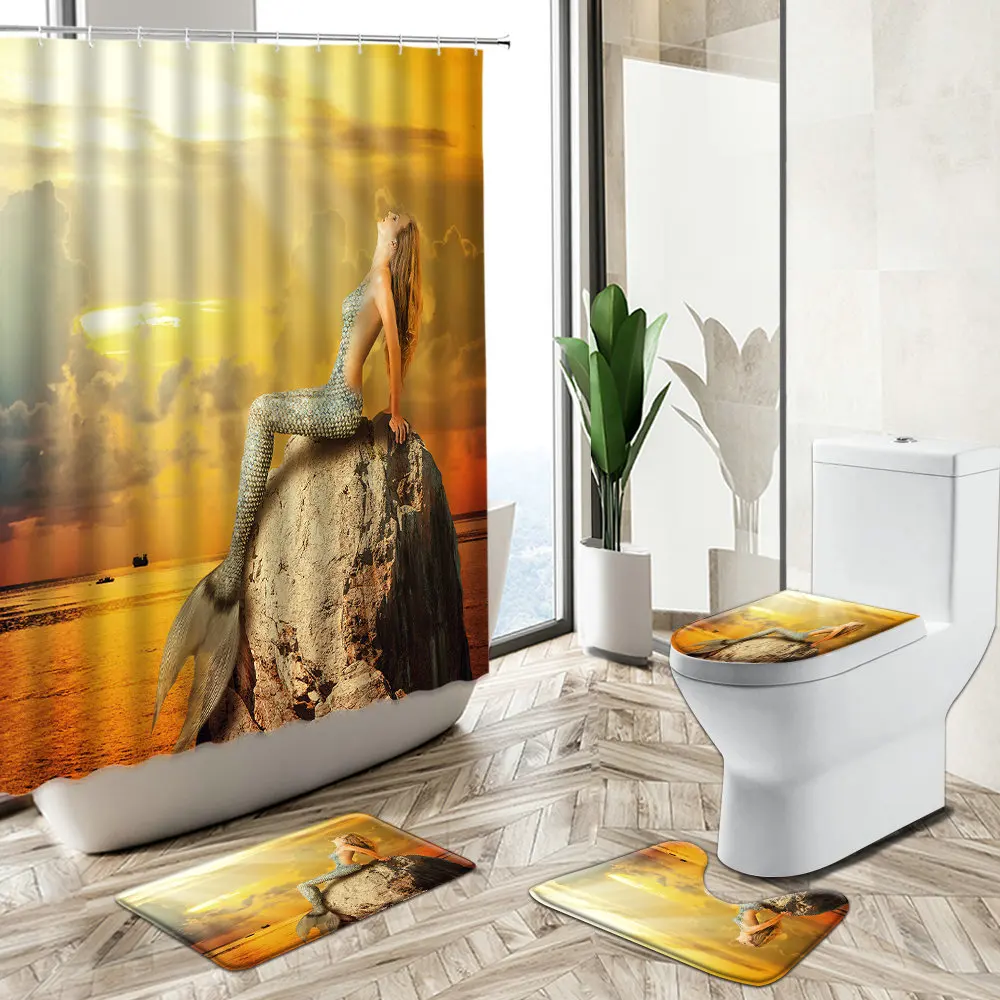 Economici Mermaid Ocean Scenery Tenda Da Doccia Donna Sexy Mare Vista Al Tramonto Decorazioni Per Il Bagno Tappeto Antiscivolo Coperchio Del Coperchio Del Water Set Di Tappetini Da Bagno