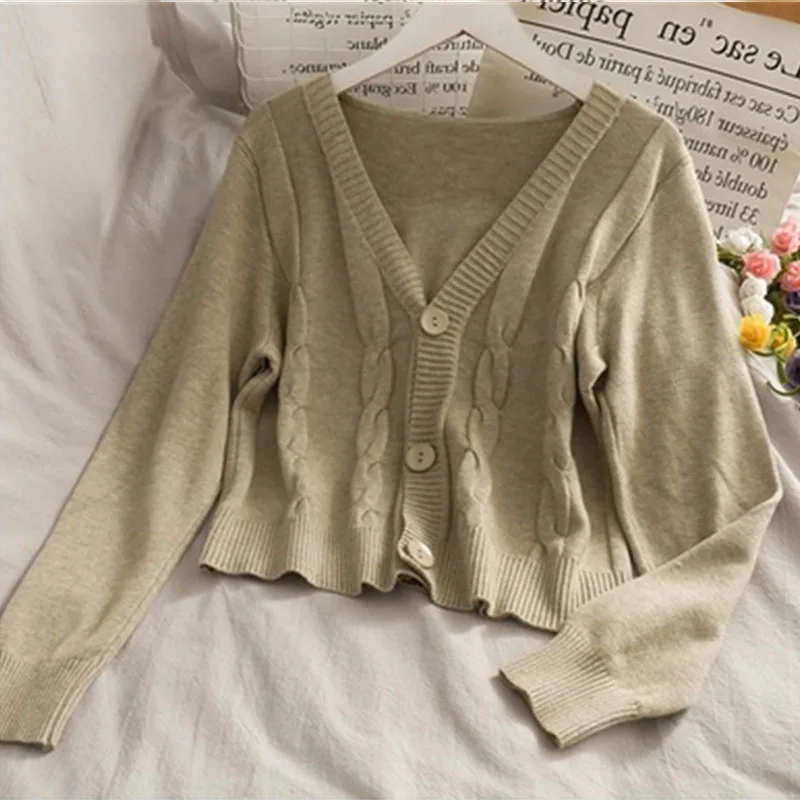 2021 Women Knitted Sweater Cardigans Ladies Korean Harajuku Long Sleeve Autumn Winter V Neck Crop Knitwear |