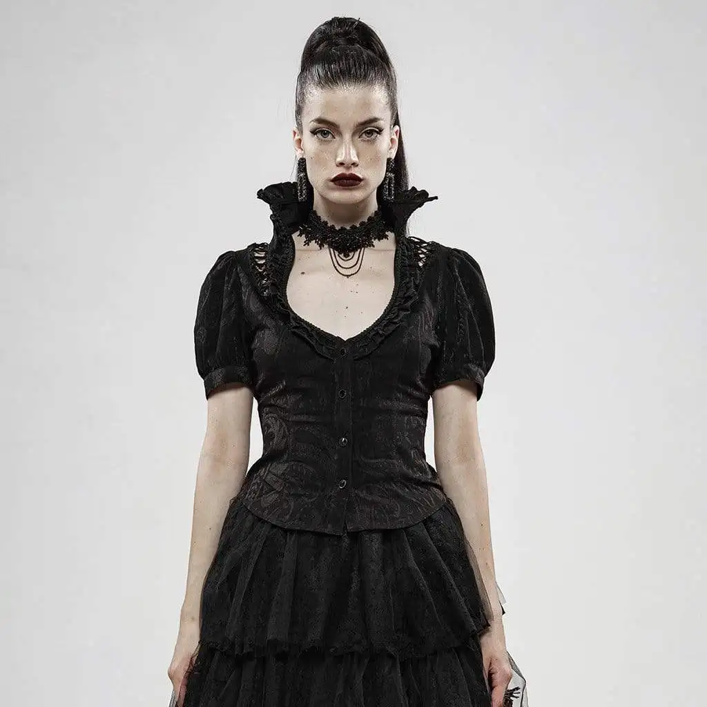 Панк рейв женские Готический Стенд воротник с пышными рукавами черные рубашки WY