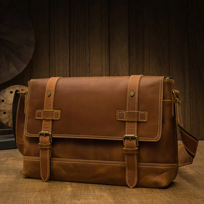 

Handmade cowhide men's shoulder bag leather bag casual messenger bag personality men's bag crazy horse leather retro motorcycle