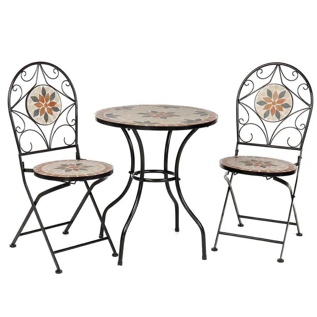 

NEW 3Pcs/Set Garden Furniture Dining Set Iron Floral Pattern Design Bistro Patio Set Round Table and 2XFoldable Chairs