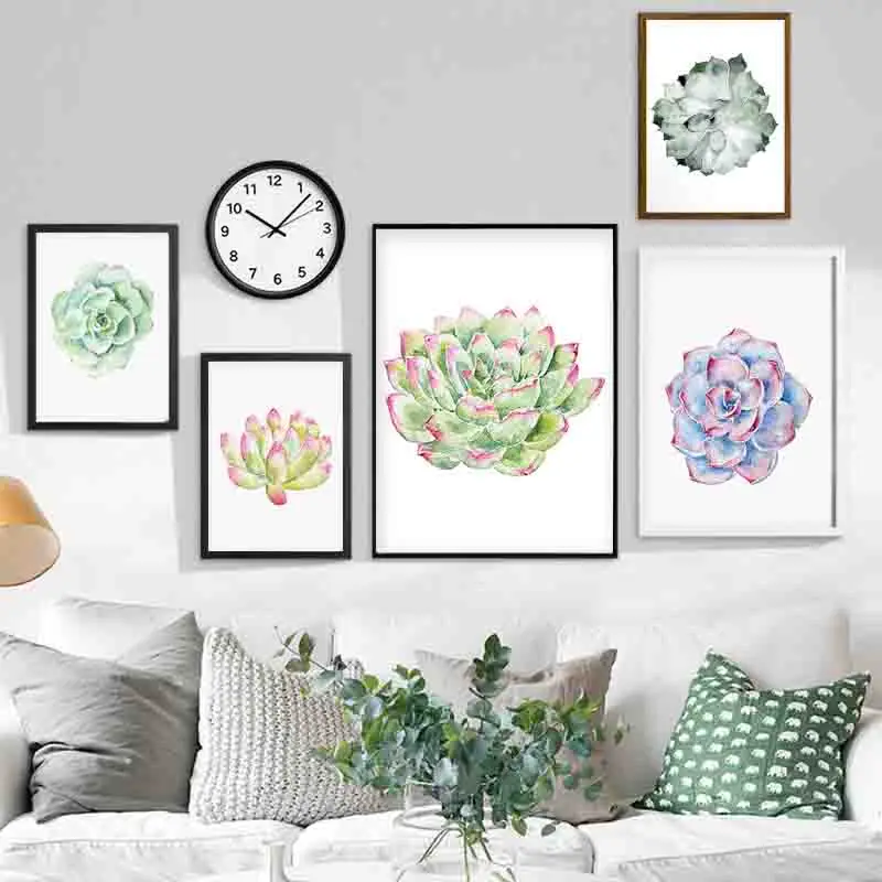 Акварельный зеленый Растительный постер кактус суккулентный холст в рамке и