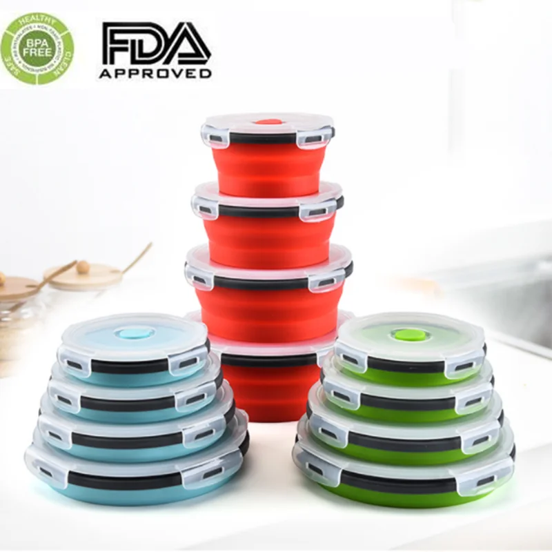 

4 шт./компл., силиконовая складная коробка для завтрака, круглая, Bento, Microwavable, контейнер для хранения еды, портативный, для пикника, кемпинга, н...