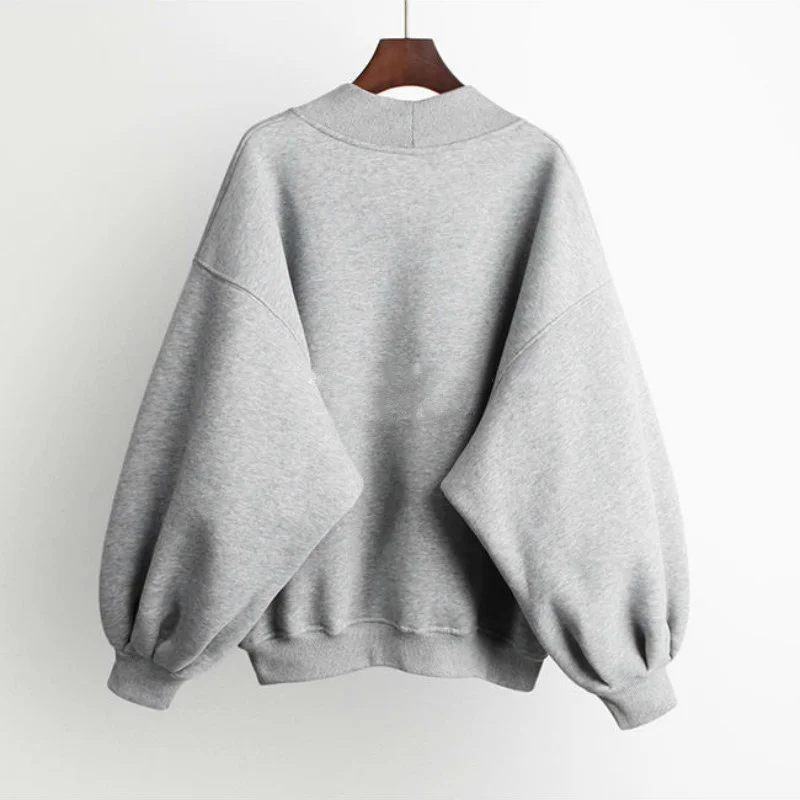 

Womens Hoodies Thickening O-Neck Large Size Loose Letter Printed V-neck Lantern Sleeve Casual Female Students Tops