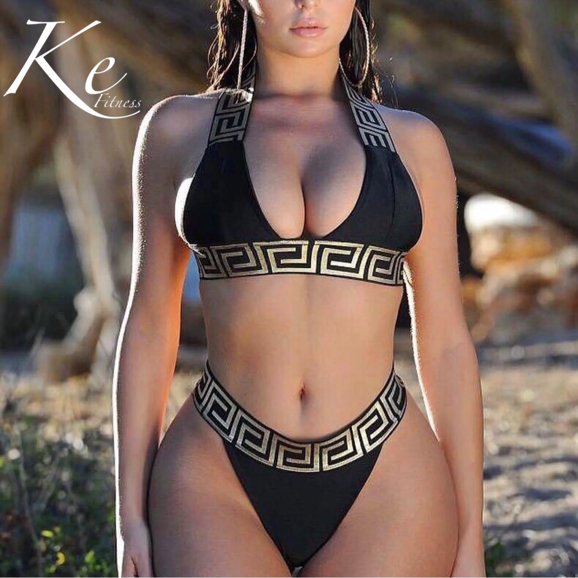 Купальник KE из 2 предметов Модный в полоску молочного шелка без подкладки черный