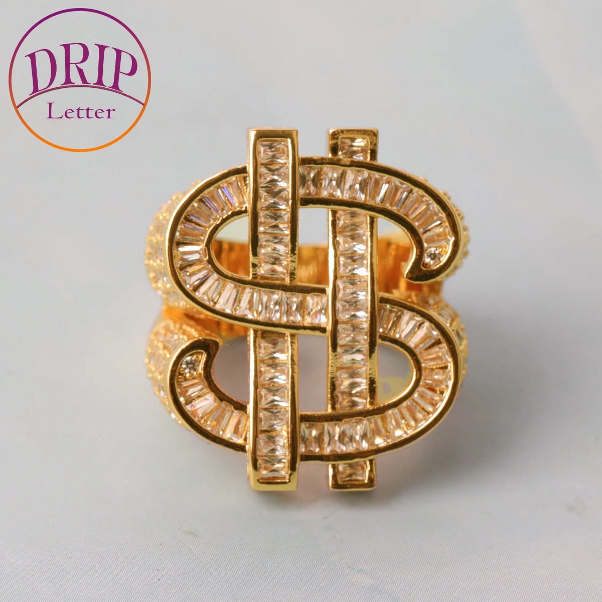 

Drip Letter Dollar Sign Ring Baguette Men Rapper Rock Street Hip Hop Jewelry