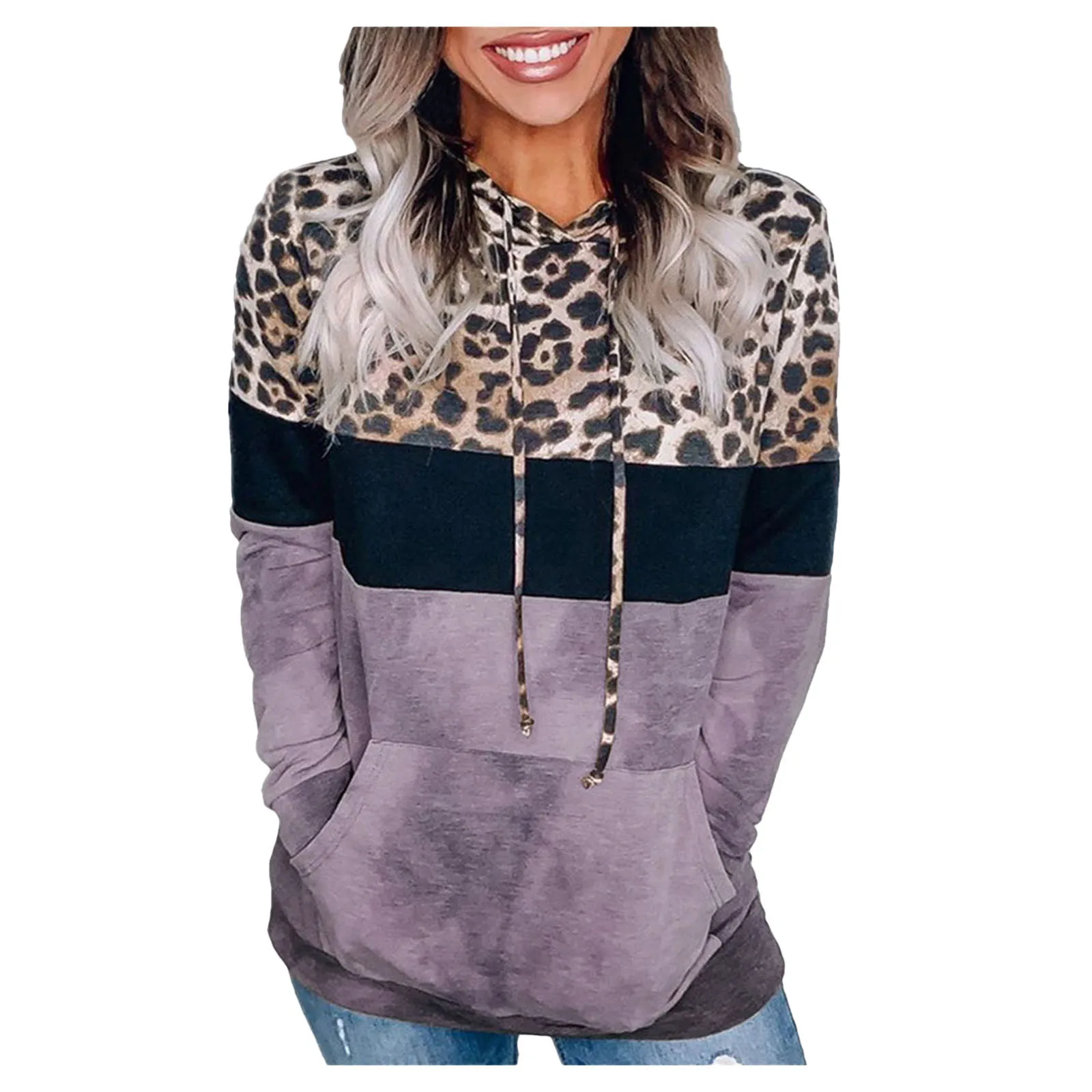 

Women's Leopard Stitching Hoodies Long-sleeved Round Neck Printed Loose Tops Pocket Sweatshirt Casual Pullover 2021 Autumn R5