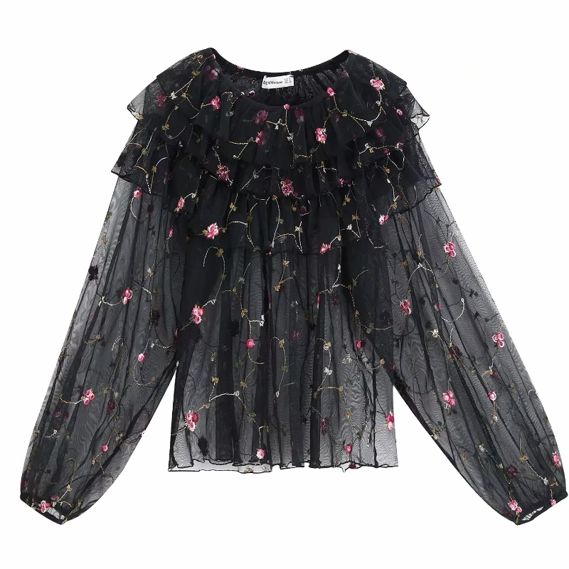 2019 Женская милая Цветочная вышивка Повседневная блуза сетчатая рубашки женская