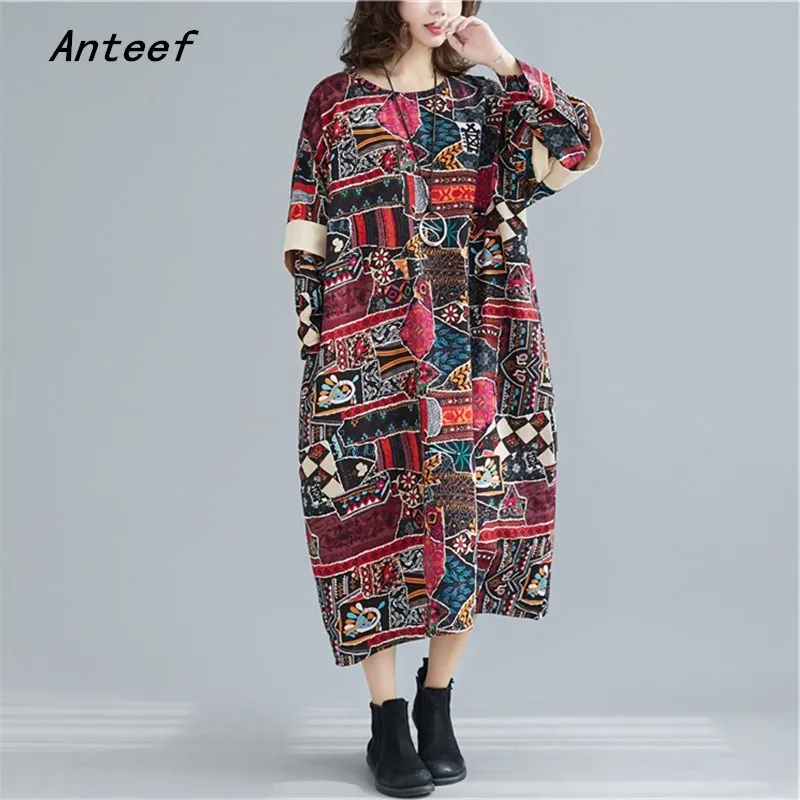 Длинный рукав размера плюс хлопок лен винтажное цветочное женское повседневное