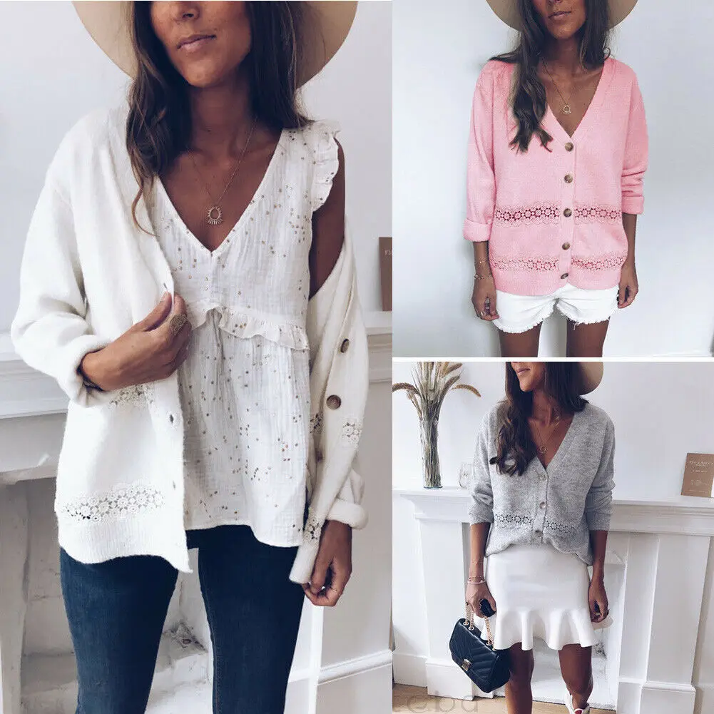 Женский трикотажный кардиган с длинным рукавом и V-образным вырезом |