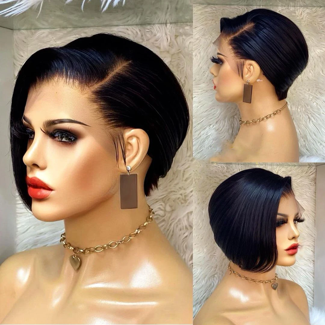 Short Pixie Cut Wig  13X1 Transparent Lace Wigs For Women Pre Plucked Brazilian Human Hair Cheap T Part Lace Wig Short Bob Wig