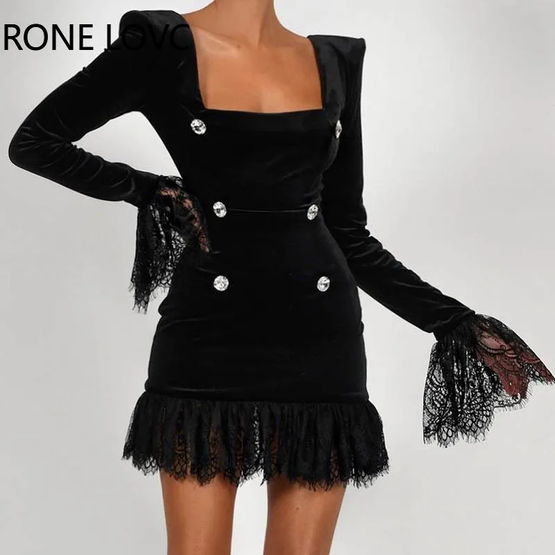 

Women Solid Elegant Button Flannel Flare Sleeves Lace Hem Mini Working Black Blazer Dresses