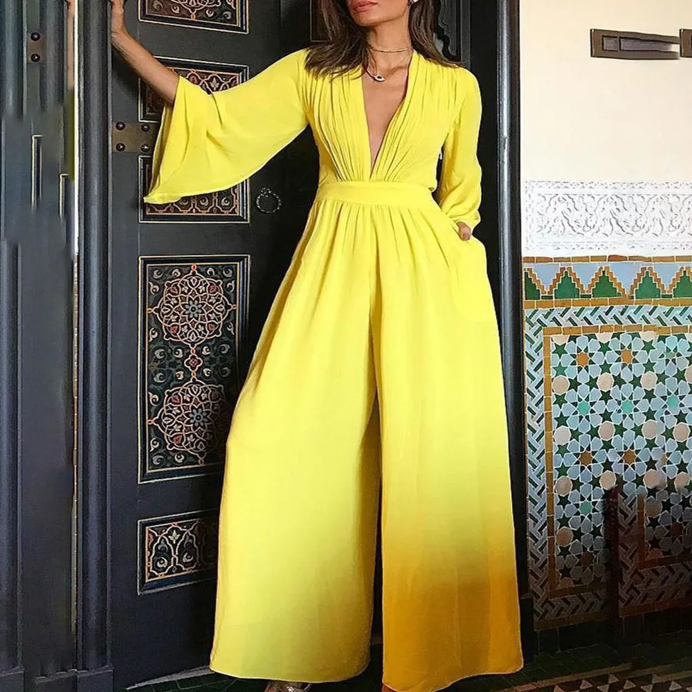 

Европейский и американский весенне-осенний желтый пикантный комбинезон с глубоким V-образным вырезом свободный темпераментный с поясом ср...