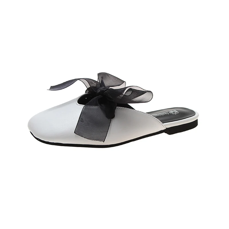 Мюли женские с квадратным носком шлепанцы на плоской подошве бант лента мягкая