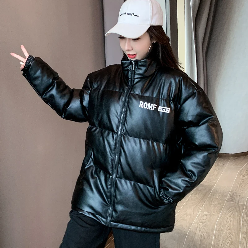 Female Trend Cotton Coat Women'S Pu Leather Winter Korean 2021 New Thickened Warm And Windproof Black Long Sleeved Cotton Jacket enlarge