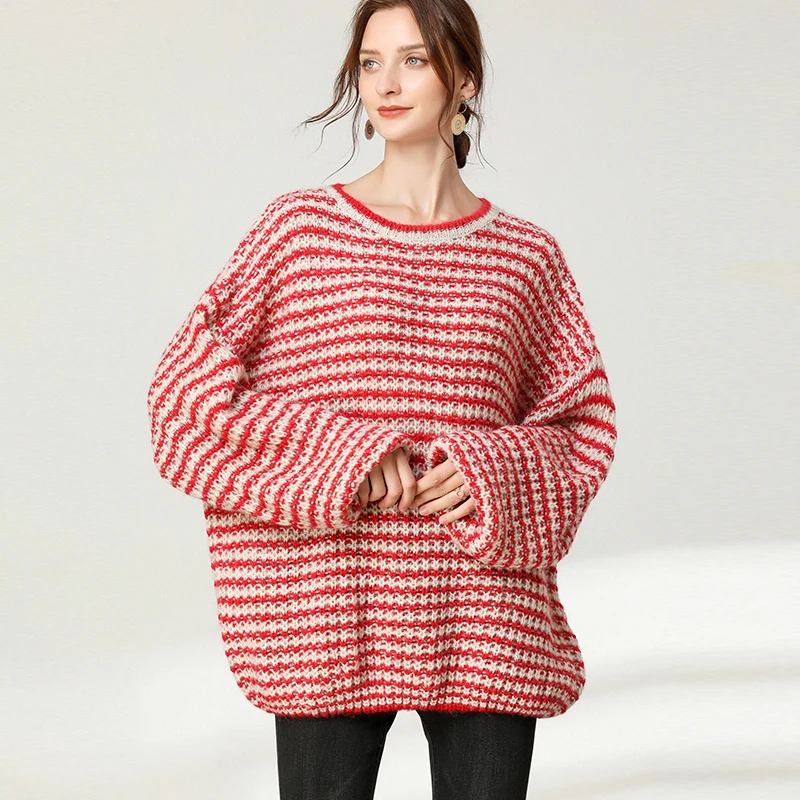 

Ladies Striped Loose Pullover Sweaters Plus Size Winter Casual Autumn O-neck Knit Sweater Pullovers Basic Sweaters Female