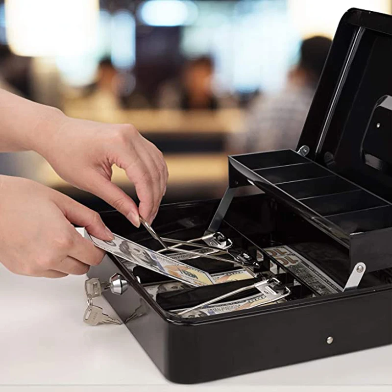 Large Metal Cash Box for Safe Storage with Key or Combination Lock 5 Coin Compartments 4 Bills Spring Clips | Безопасность и