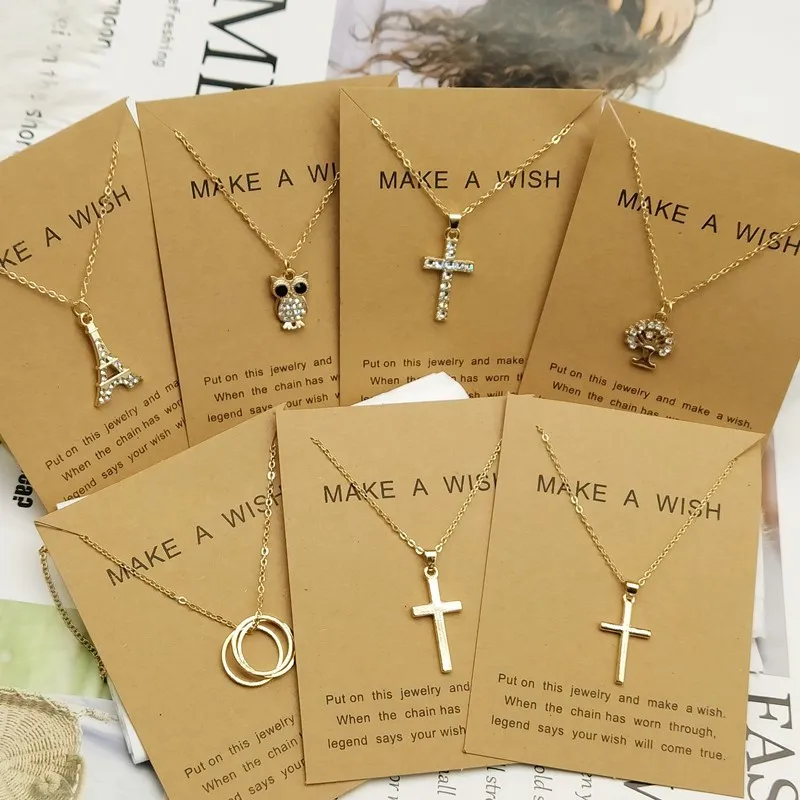 

Charm Gold Color Rhinestone Cross Pendant Necklace Women Men Owl Circle Tower Couple Jewelry Gifts Choker Neck Chain Collar New
