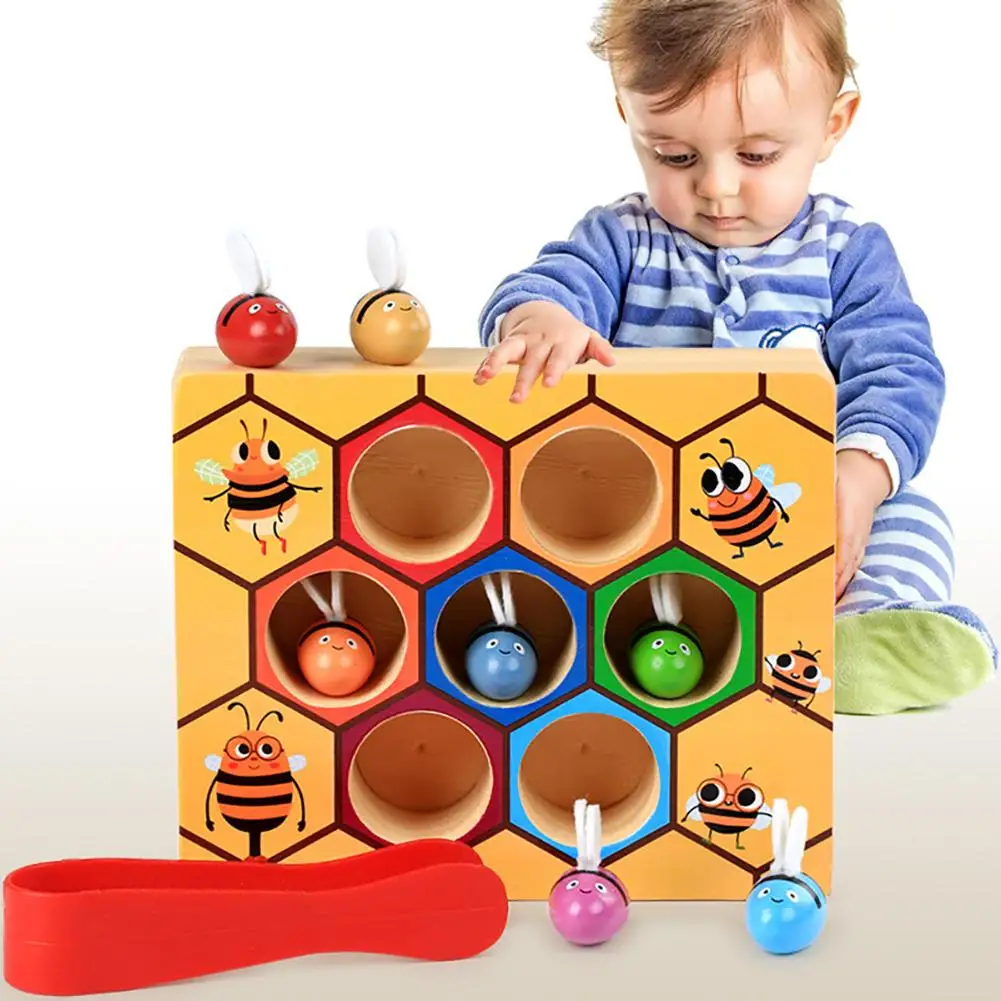 

Wooden Hive Games Board 7Pcs Bees Clamp Picking Catching Educational Kids Toy