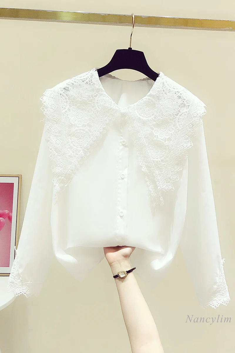 

White Shirt Woman's Clothes 2021 Spring New Korean Style Fashion Lace Doll Collar Casual All-Match Cotton Tops Blouses