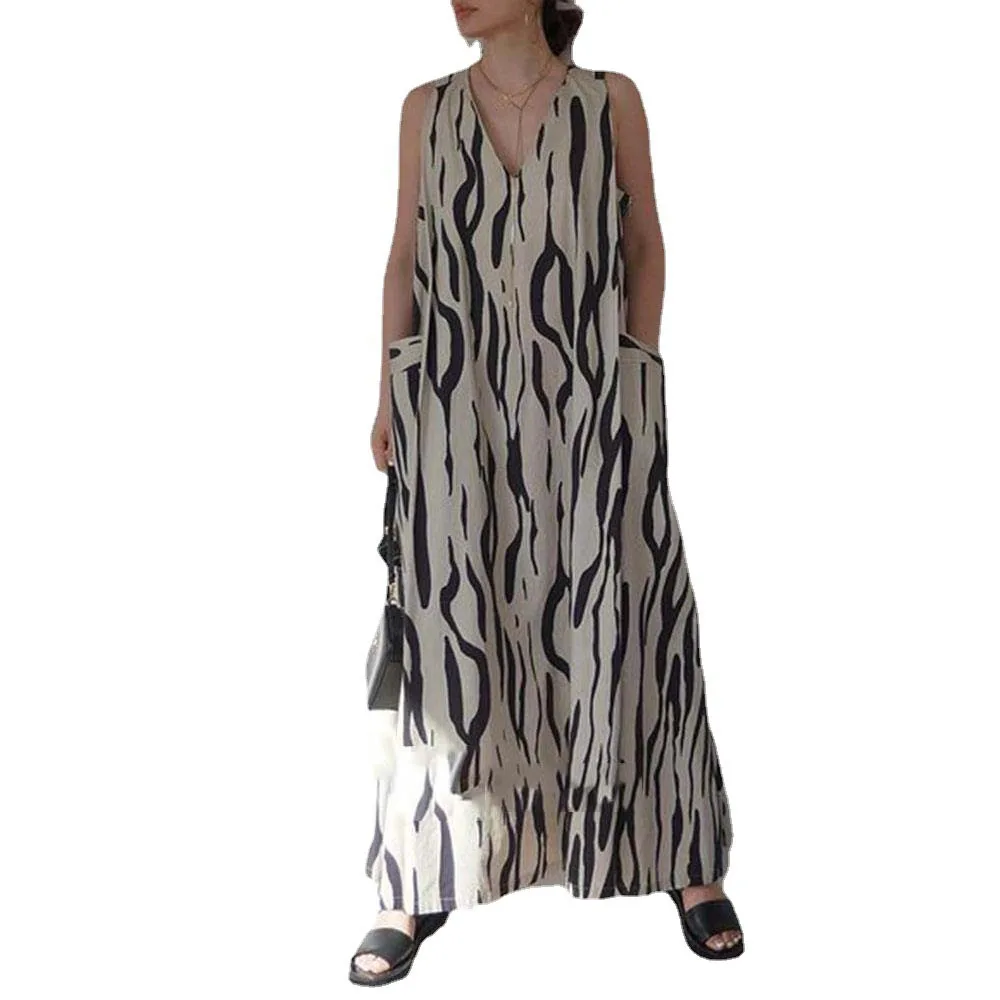 

2021 Japanese Style Irregular Printing V-neck Sleeveless Pocket Women's Dress Fashion Loose Casual Simplicity Summer New