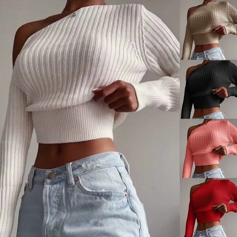 

Для женщин трикотажные укороченные топы с открытыми плечами с длинным рукавом пуловеры и свитеры однотонный короткий свитер джемпер Femme