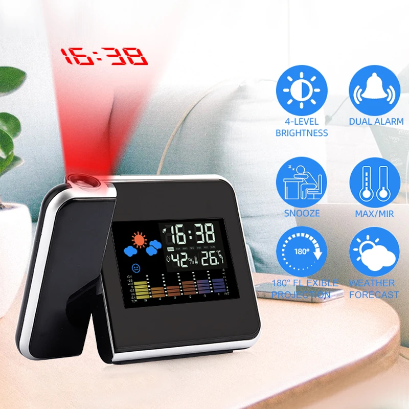 

Digital Smart Alarm Clock Led Electronic Desktop Clocks USB Snooze Wake Up Clock With Time Projector Weather Projection Clock