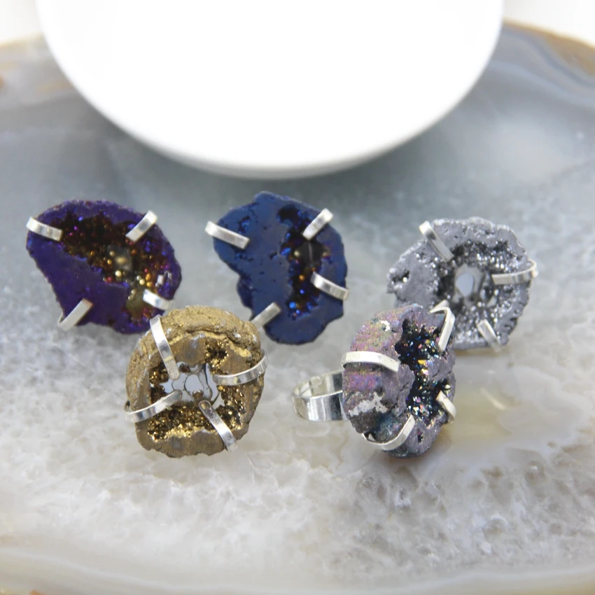 1pcs Natural Stone Titanium Agates Geode Rings,Irregular Quartz Druzy Adjustable Man Women Finger Rings DIY Jewelry Party Gift