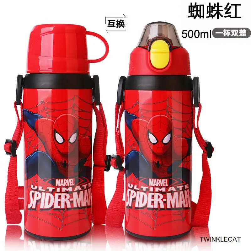 spiderman Red 500 мл детский термос, бутылка для воды, чашка с 2 крышками Микки Минни, детский школьный чайник соломка из нержавеющей стали, Термочашка - Цвет: spiderman Red