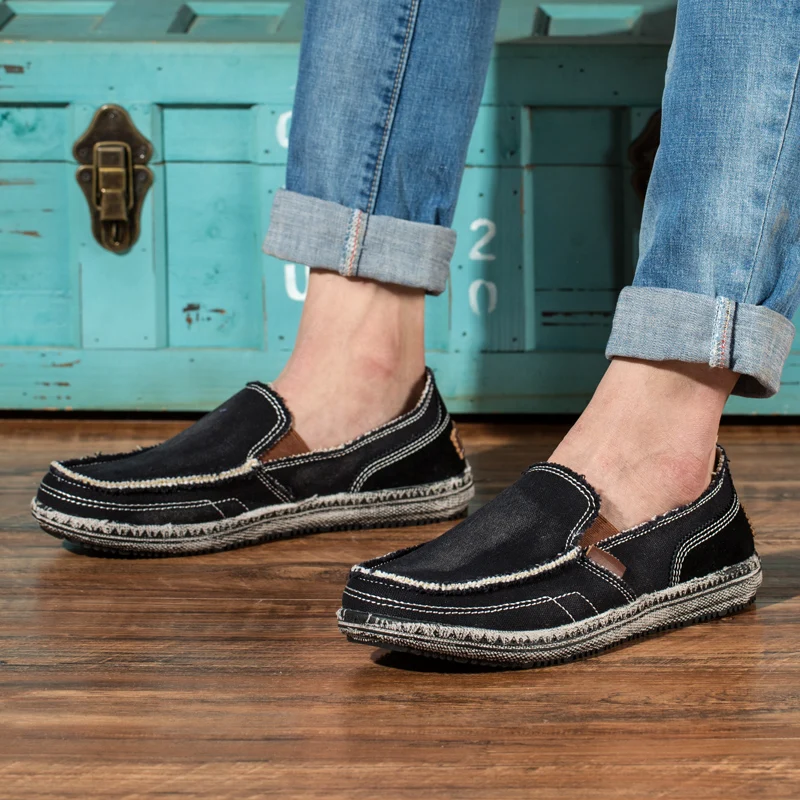 YEINSHAARS Men Classic Canvas Shoes Casual Sneakers Men's Lazy Moccasin Slip On Loafer Washed Denim Flat | Обувь