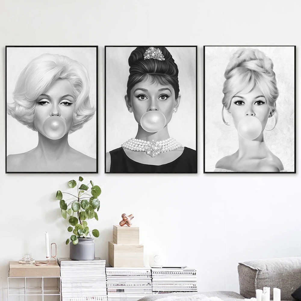 

Audrey Hepburn Bubble Gum Wall Art Canvas Painting Fashion Posters Brigitte Bardot & Marilyn Monroe Prints Pictures Home Decor