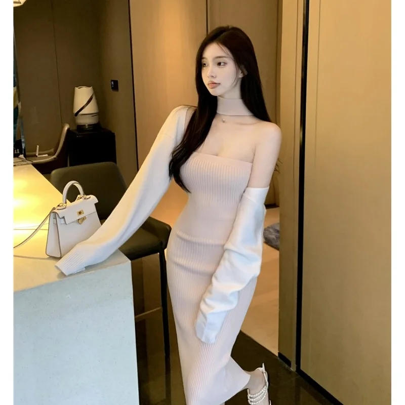 

CMAZ Dress For WomenGraceful Tube Top Knitted Dress for Women Autumn and Winter 2021 New Mid-Length Dress Cinched Bodycon Packa