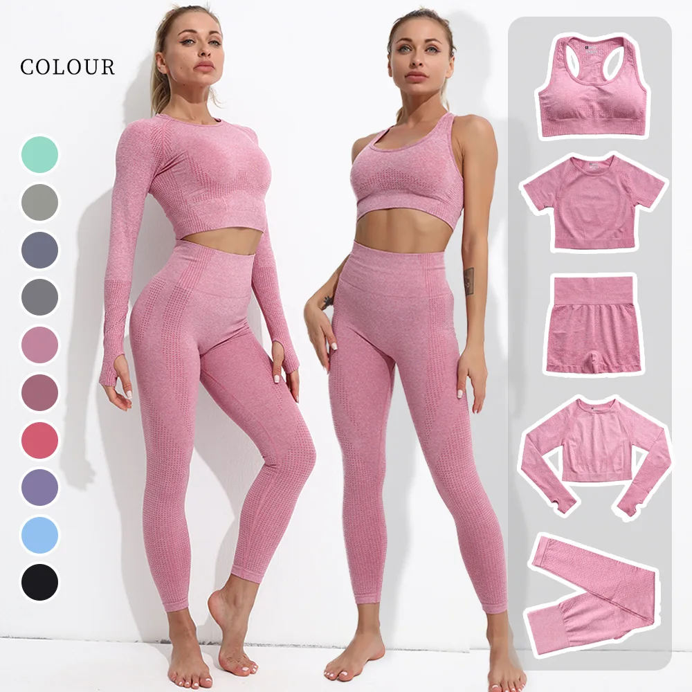

Women's Sportswear Yoga Set Workout Clothes Athletic Wear Sports Gym Legging Seamless Fitness Bra Crop Top Long Sleeve Yoga Suit