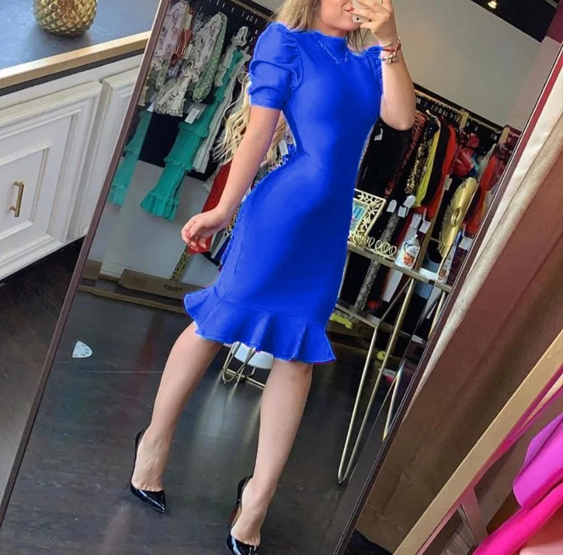 

Round Neck Bag Hip Skirt Evening Dress Elegant Club Dress Vestidos Ruffled Rayon Bandage Dress Short-sleeved Fishtail Dress