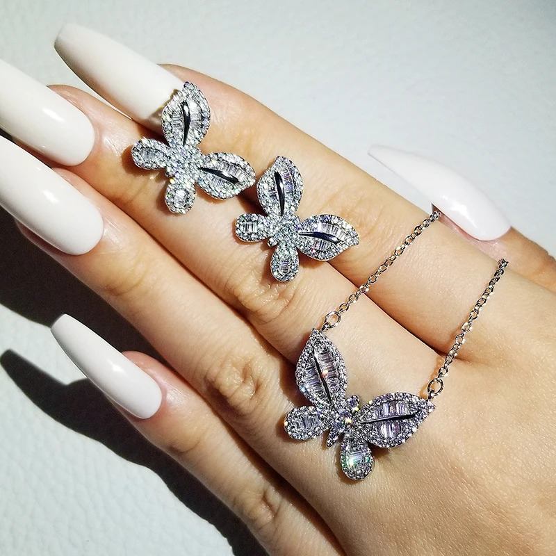 

2pcs Pack 2022 New Luxury Butterfly silver color bride Dubai Wedding For Women Lady Anniversary Gift Jewelry Bulk Sell J5965