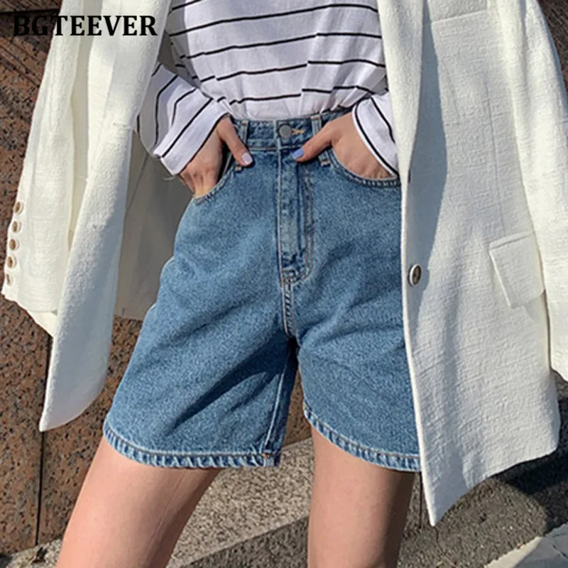 

BGTEEVER Vintage Chic Straight Women Shorts Jeans 2021 Spring Summer Casual High Waist Button Ladies Solid Denim Shorts