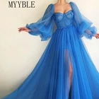 MYYBLE синие платья для выпускного вечера Длинные Пышные рукава тюль с открытой спиной Формальные Вечерние платья красивые платья для конкурса 2021 на заказ
