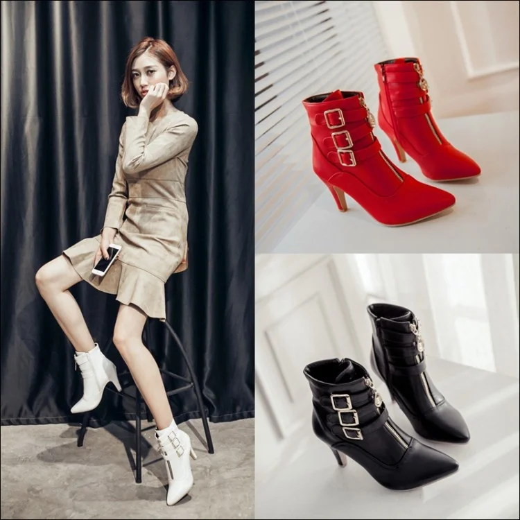 

Wind punk fashion pointed boots women's belt buckle thin high heels and bare boots single boots autumn and winter new