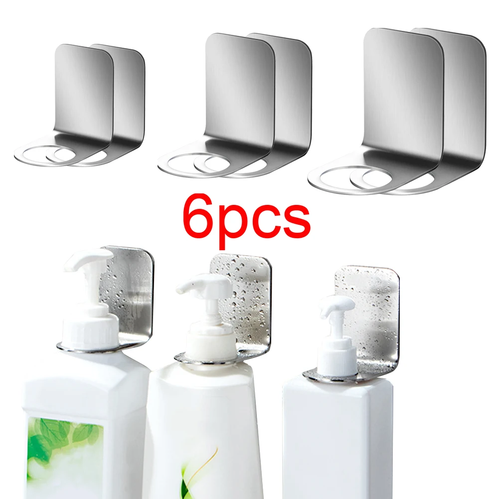 

6pcs bathroom wash and rinse hook shampoo and bath gel bottle rack stainless steel shelf hand sanitizer wall hanging