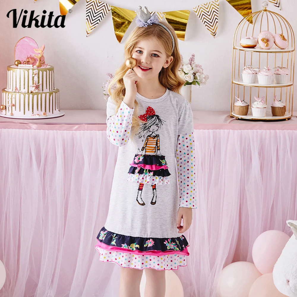 

VIKITA Girls Cotton Dress Kids Cartoon Doll Print Casual Dresses Long Sleeve Autumn Spring Dress Children Ruffles Costumes