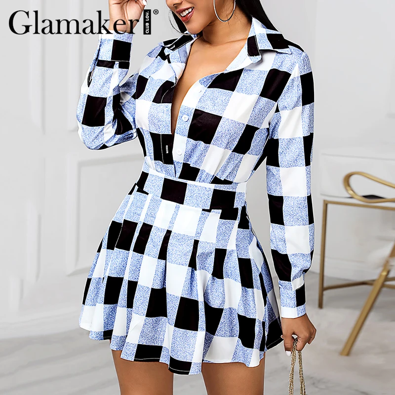 Glamaker Костюм-двойка офисное платье-рубашка в клетку элегантное Плиссированное