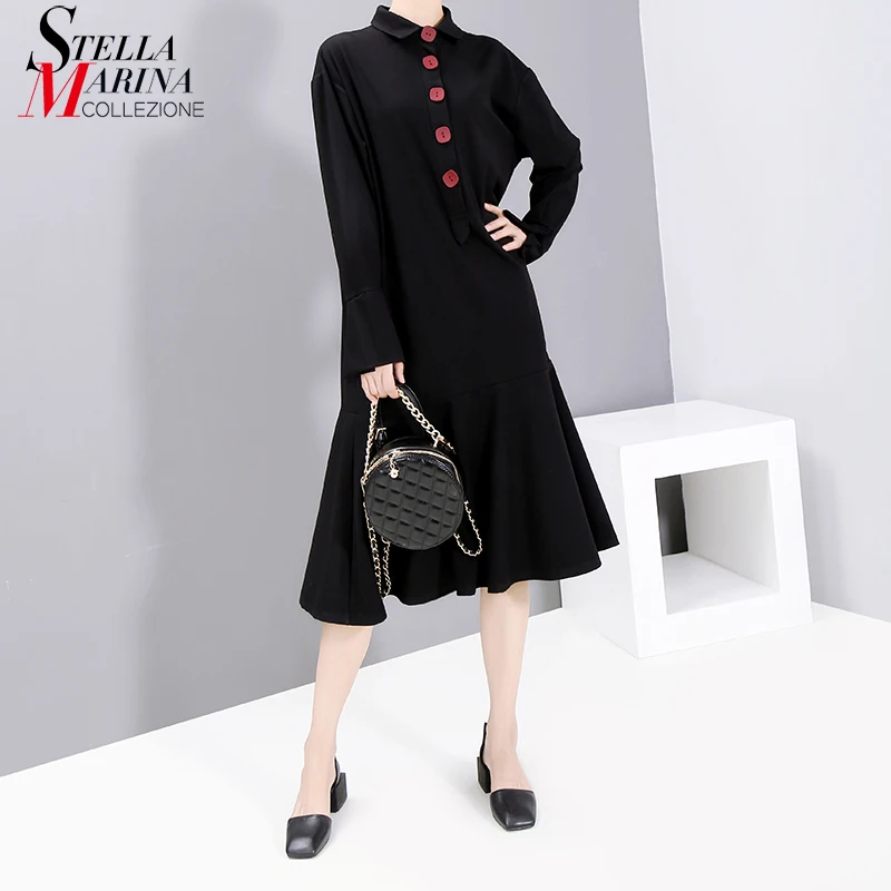 * Новинка 2019 корейский стиль Женская Осенняя мода черная Русалка рубашка платье с