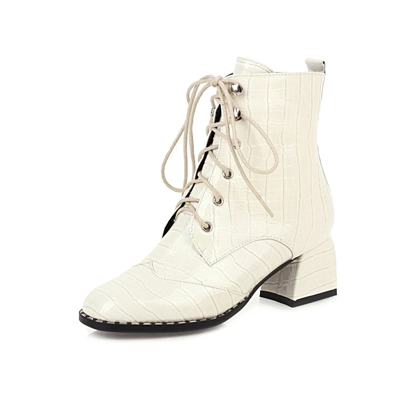

ANNYMOLI Real Leather Woman Boots High Heel Ankle Boots Thick Heel Shoes Lace Up Female Short Boots Autumn Winter White Size 46