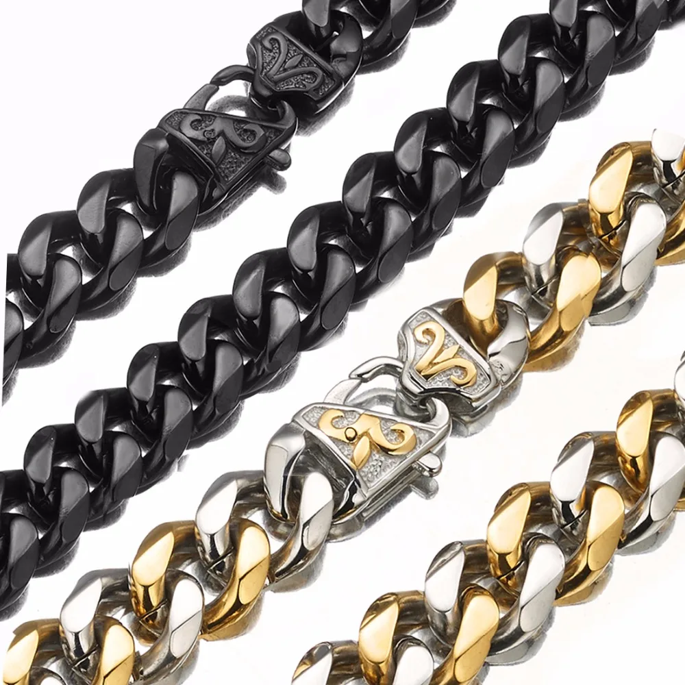 

Punk Boy Men Top Quality Silver Color Gold Color Black Color Stainless Steel Curb Cuban Link Chain Necklace Choker 15mm 7-40Inch