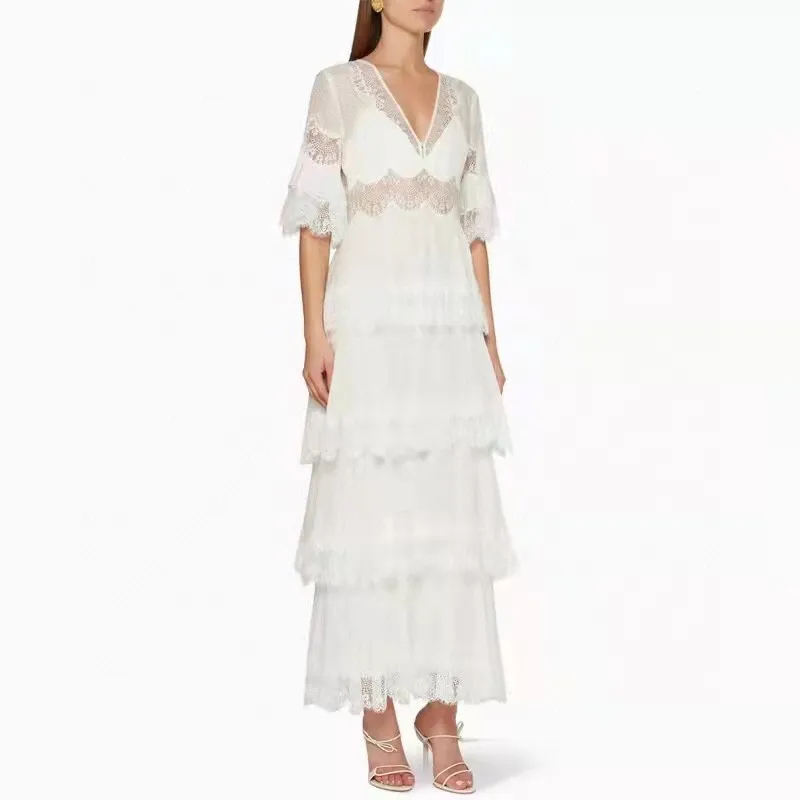

2021 spring new fashion dresses hollow out perspective lace polka dot white dress vestidos for women