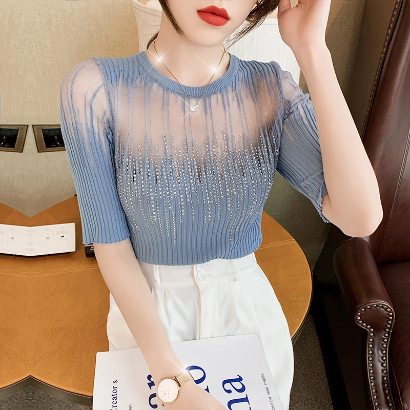 

2021 тонкая женская трикотажная футболка в стиле пэчворк, летняя футболка с круглым вырезом и коротким рукавом, сексуальные открытые футболк...