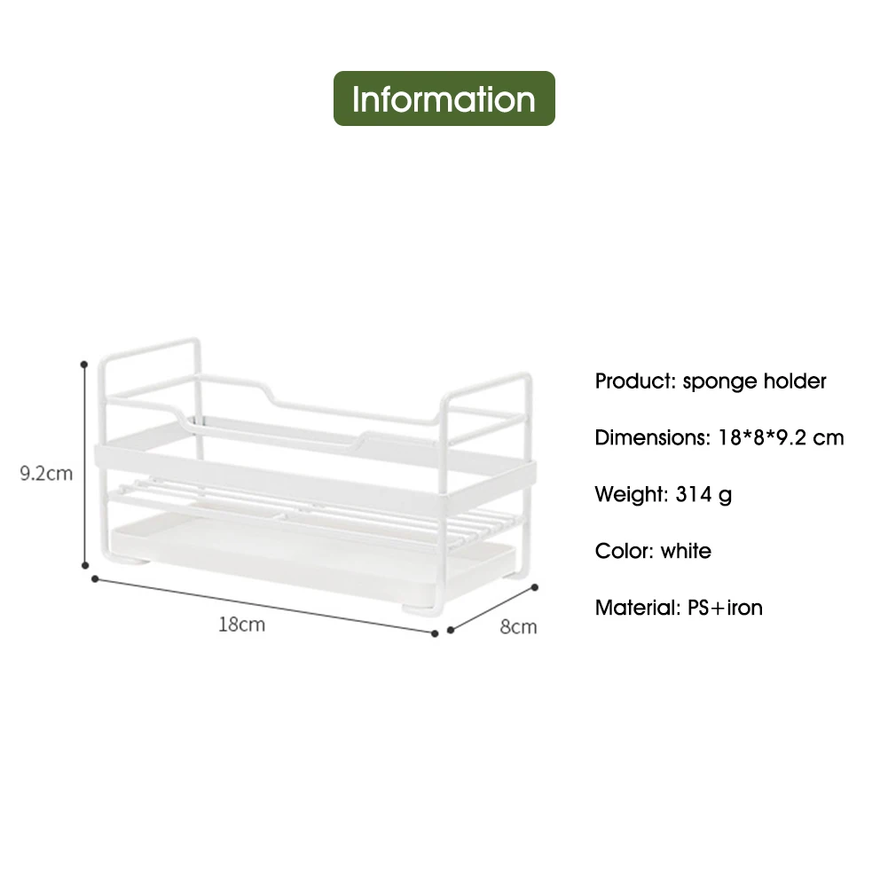 

Hollow out Structure Iron+ PS Sink Sponge Holder Drying Rack Iron Kitchen Sink Organizer Caddy with Removable Drain Tray