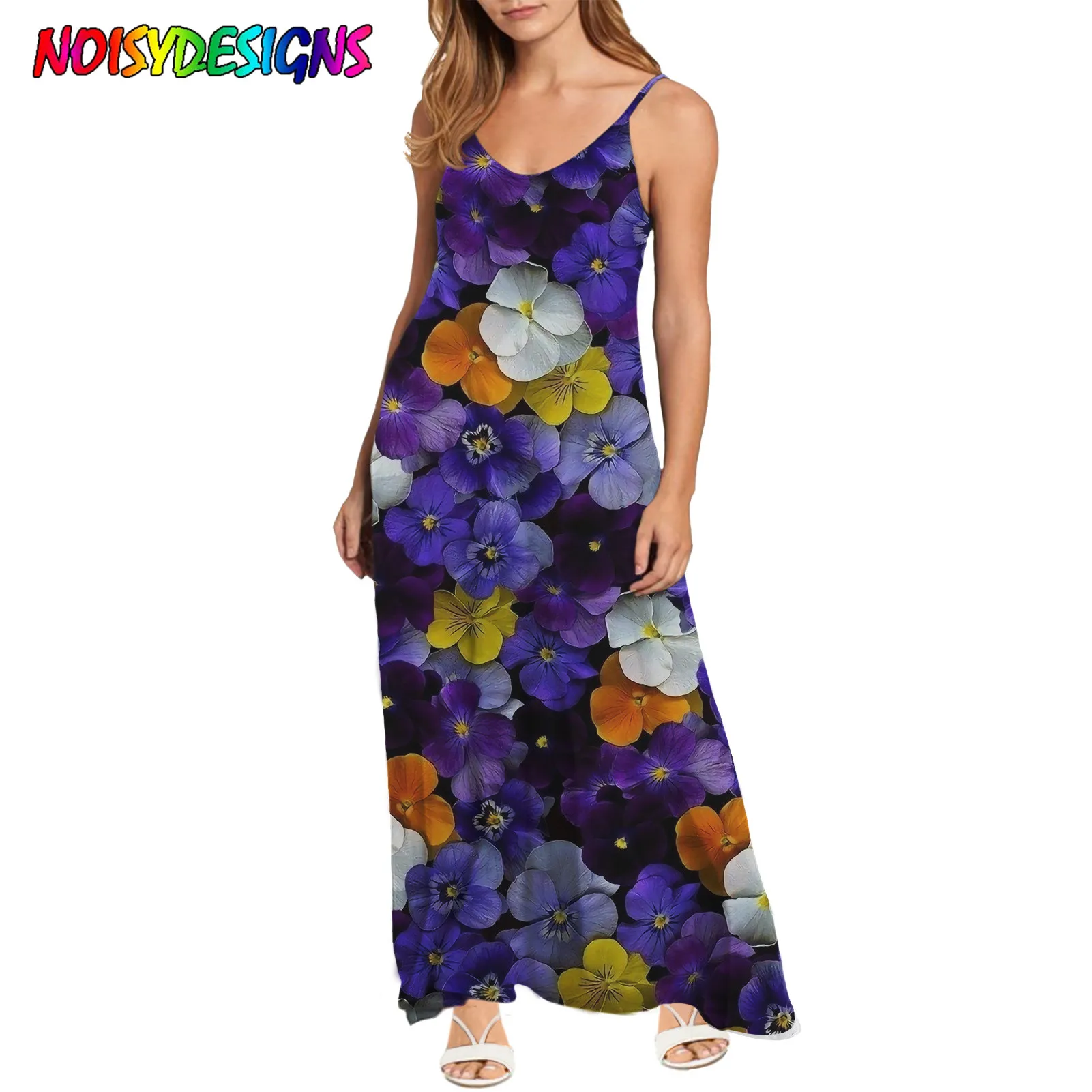 NOISYDESIGNS Women's Dresses Elegant V-Neck Sundress Spaghetti Strap High Street Dress Summer Purple Pansy Flowers Prints Dress
