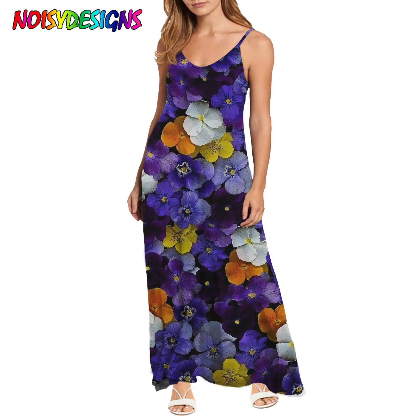 

NOISYDESIGNS Women's Dresses Elegant V-Neck Sundress Spaghetti Strap High Street Dress Summer Purple Pansy Flowers Prints Dress
